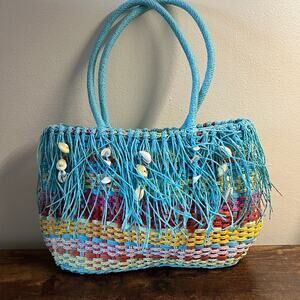 Straw Studios Tote Bag Basket Weave Rainbow Stripe Fringe Seashells Beach Cruise